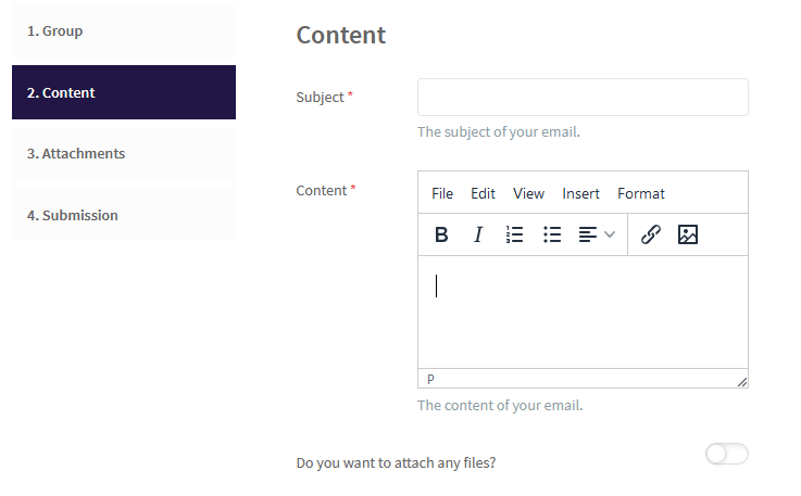 SUMS Email writer showing inclusion of a few key features like links and images.